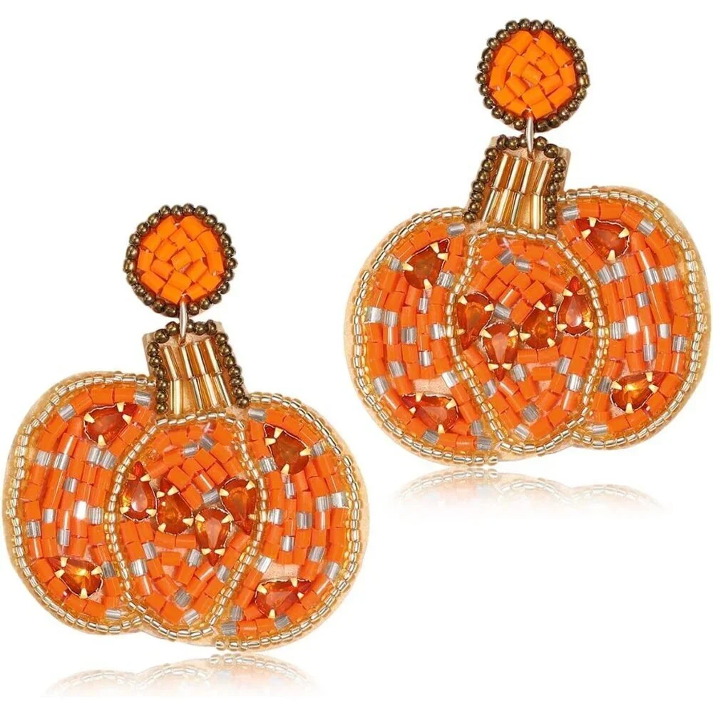 Women's Orange Hb Pumpkin Halloween Earrings Ghost Beaded Dangle Statement Spook